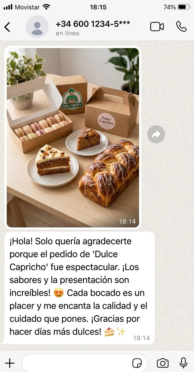 Captura de WhatsApp: cliente agradece por un pedido espectacular en sabores y presentación