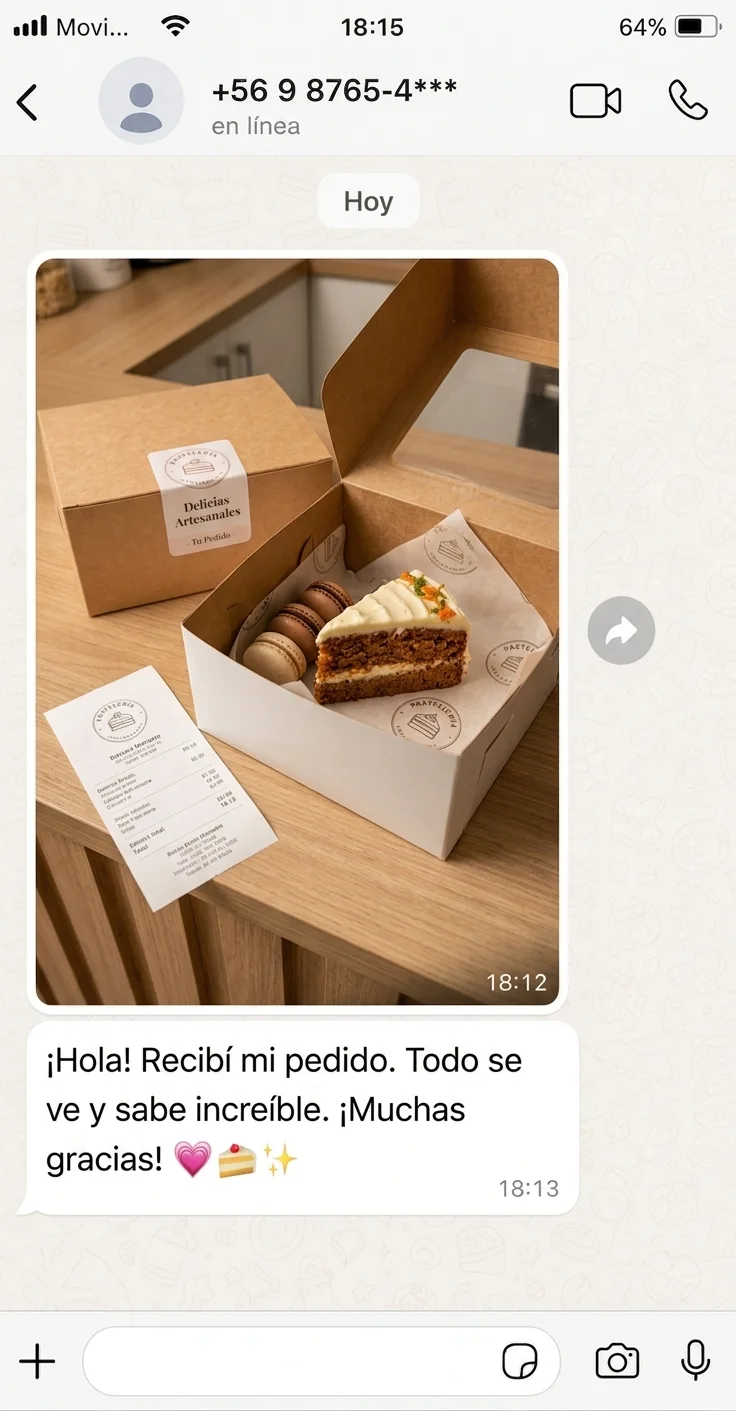 Captura de WhatsApp: cliente muestra su pedido entregado en caja artesanal