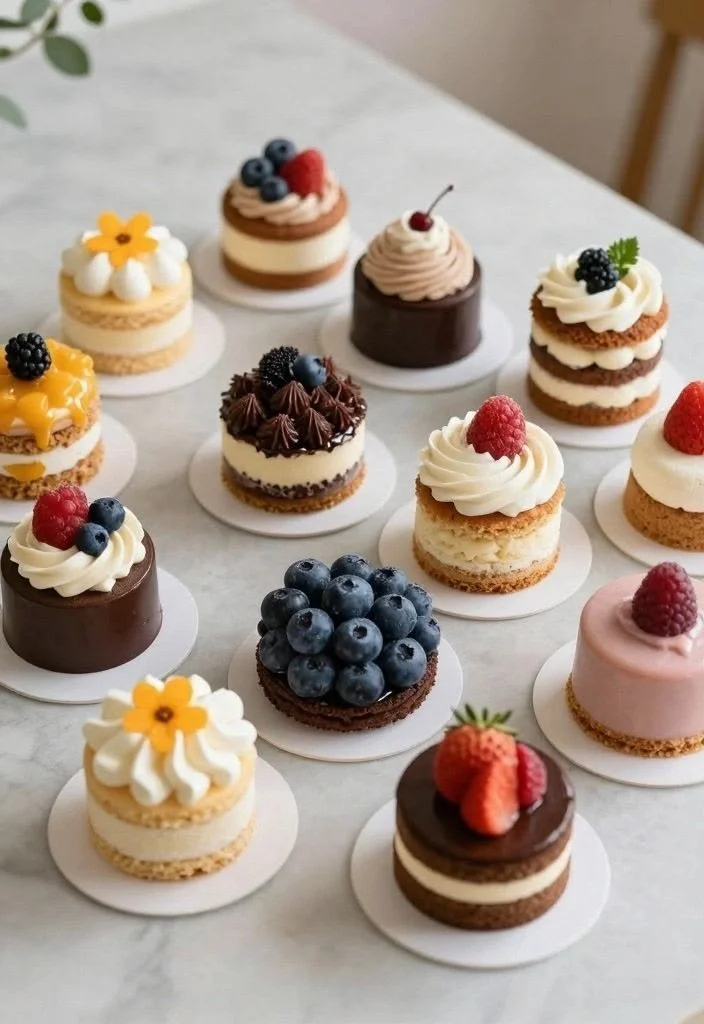 Variedad de mini pasteles decorados con frutas frescas