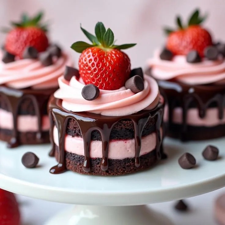 Mini pastel de chocolate con fresa y frosting rosado