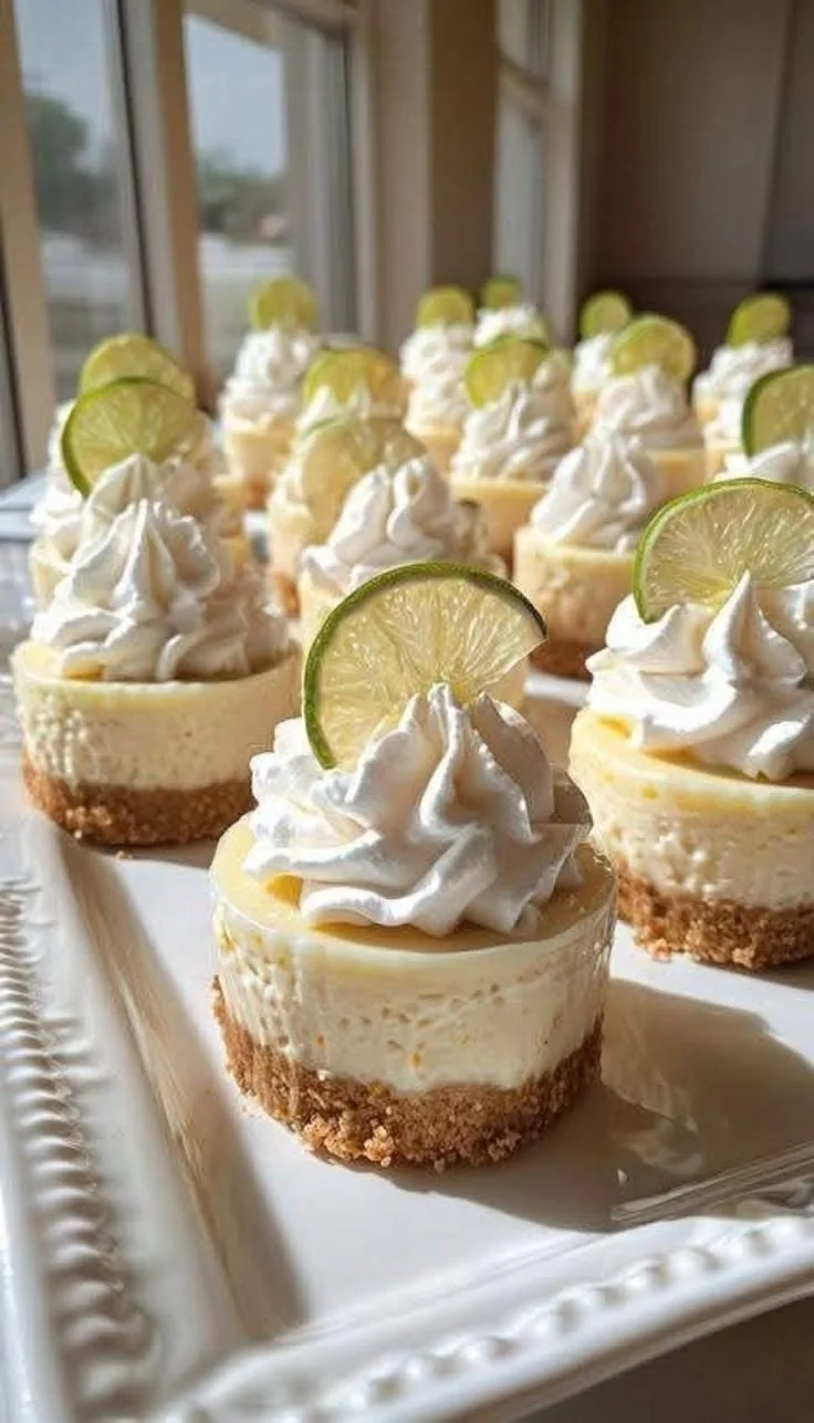Bandeja de mini cheesecakes de lima con crema batida