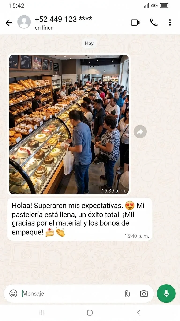 Captura de WhatsApp: cliente muestra su pastelería llena tras usar el material